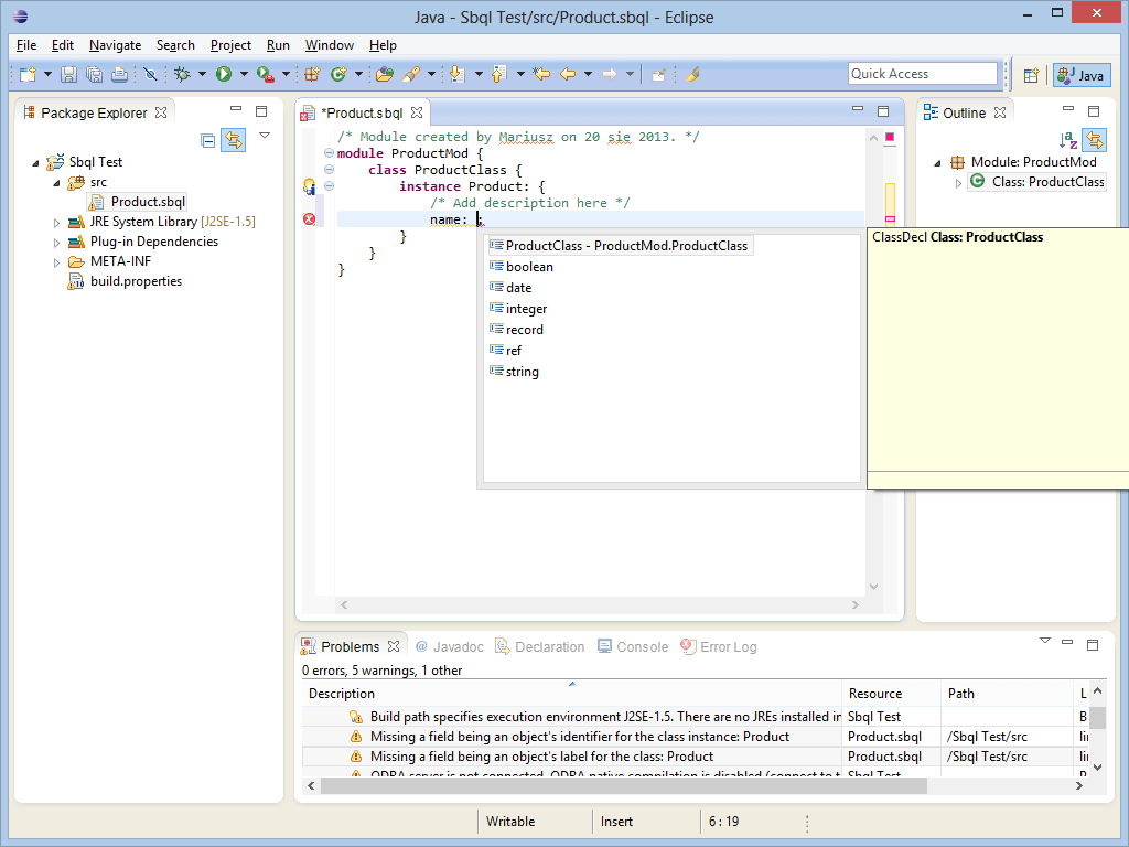 ODRA eIDE2 Selecting a field's type